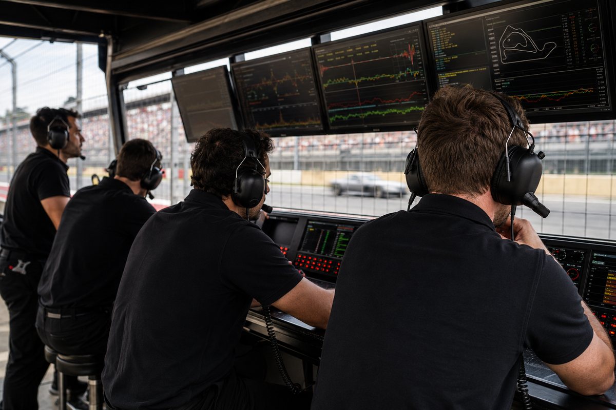 Ingenieurs achter schermen op de boxenmuur tijdens een sessie
