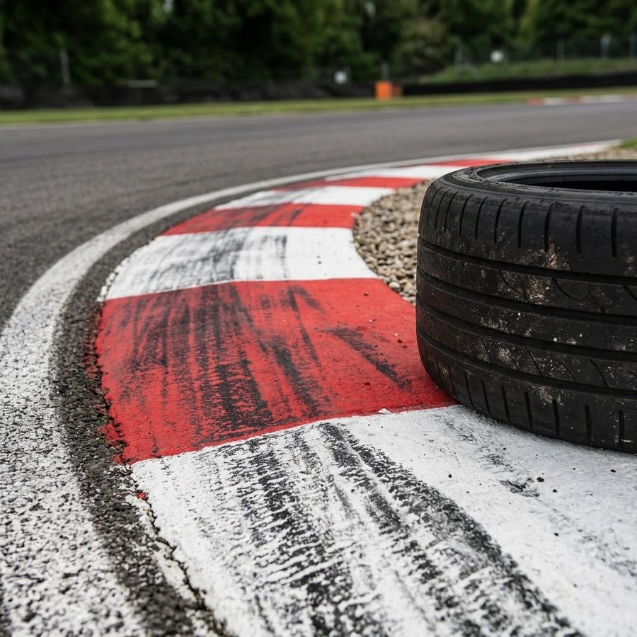 Een uitgesleten kerbsteen met bandensporen en een losse band ernaast