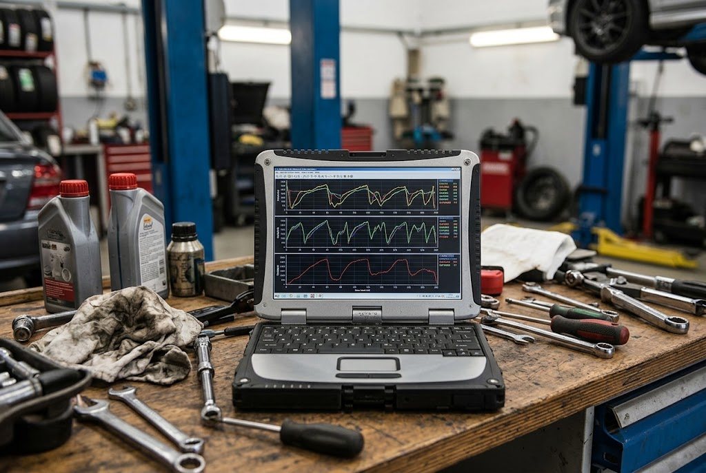 Telemetriegrafieken op een laptop in de werkplaats