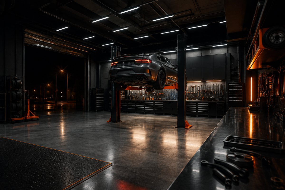 Een werkplaats bij nacht met een wagen op de brug